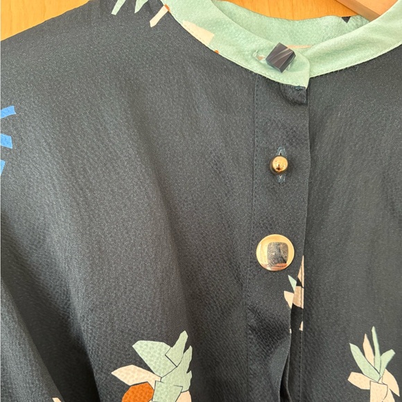 Roksanda Hammered Silk Mini Tent Dress Balloon Sleeve Navy Abstract Floral US 6 - Picture 2 of 7